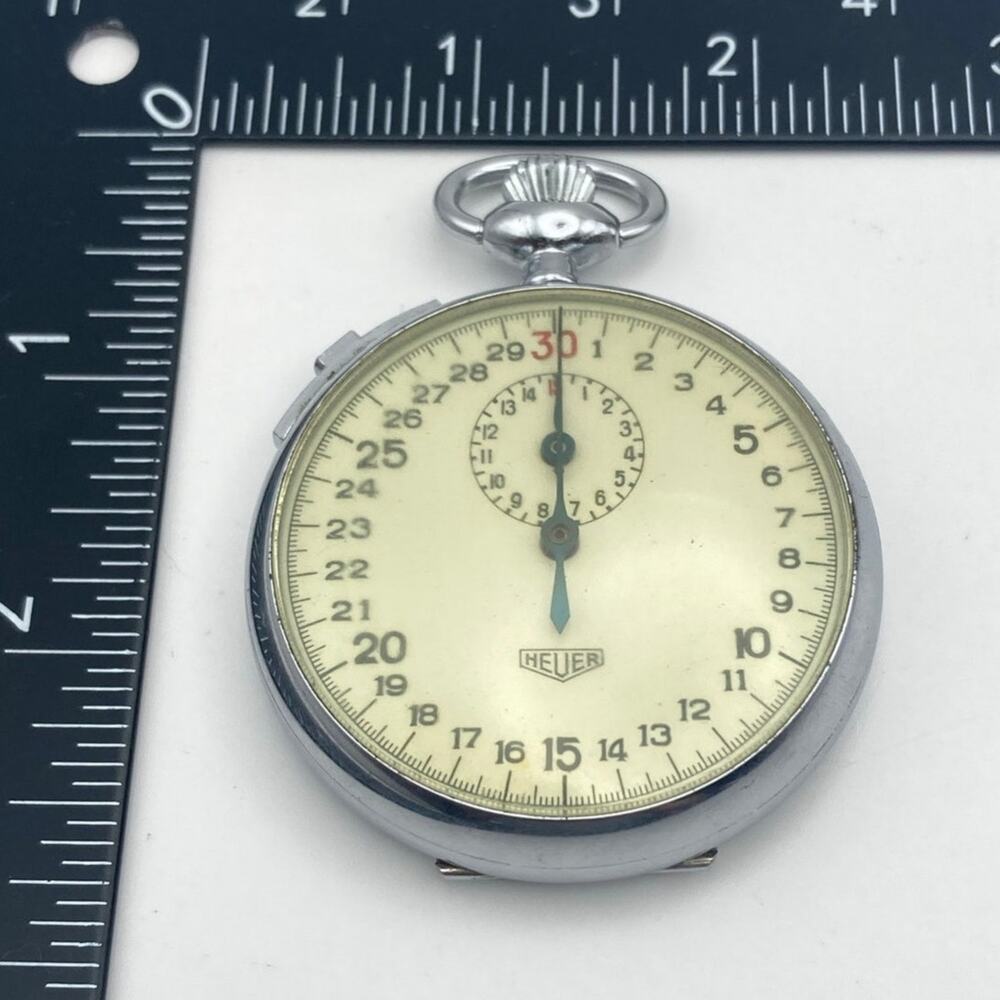 VTG Heuer Open Face Manuel Pocket Stop Watch Slide Bar 30 Sec/ 15 Minutes Works